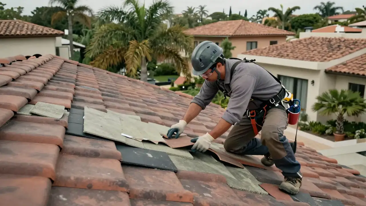 Tile Roof Inspection in Delray Beach, Florida: tile roof repair technician on a roof, carefully lifting individual tiles to