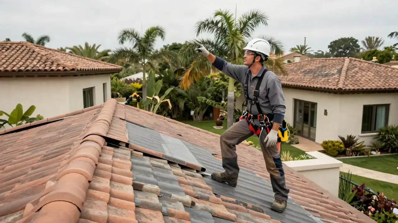 Tile Roof Repair in Delray Beach, Florida: tile roof repair technician discussing the repair plan with a homeowner in their