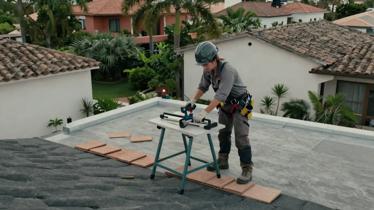 Tile Roof Repair in Delray Beach, Florida: tile roof repair technician using a specialized tile cutter on a portable work