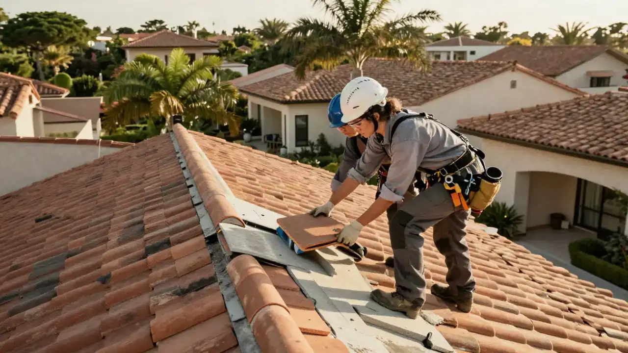 Tile Roof Repair in Delray Beach, Florida: team of two tile roof repair technicians collaborating on a roof section, one