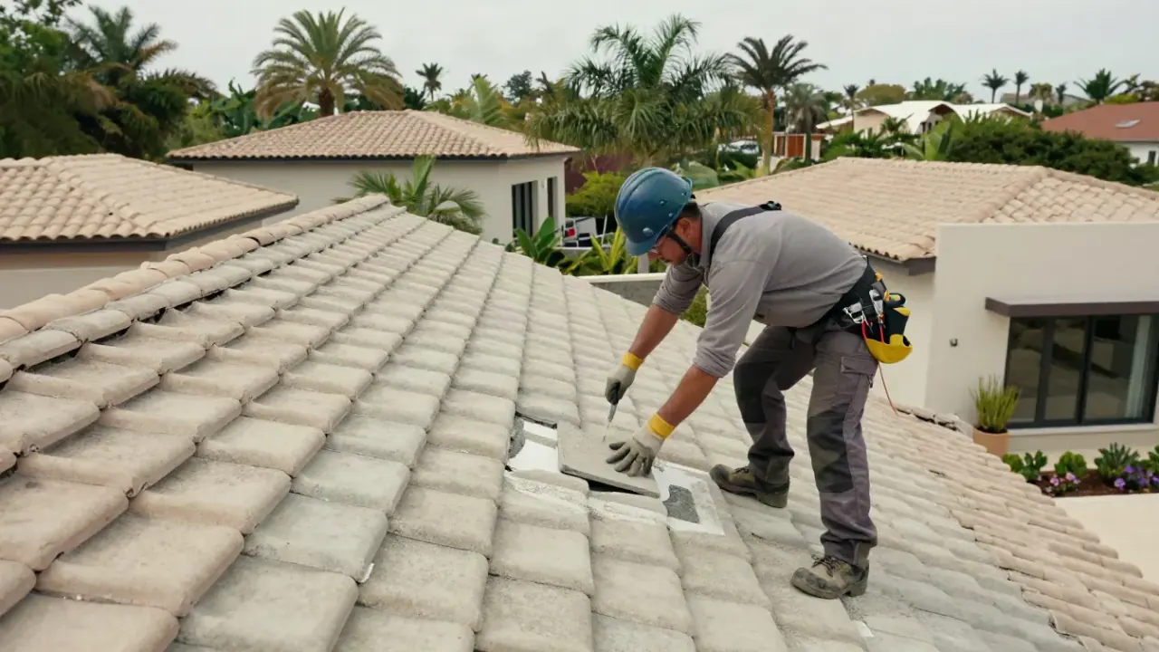 Broken and Cracked Tile Repair in Delray Beach, Florida: tile roof repair technician applying roofing adhesive to the back