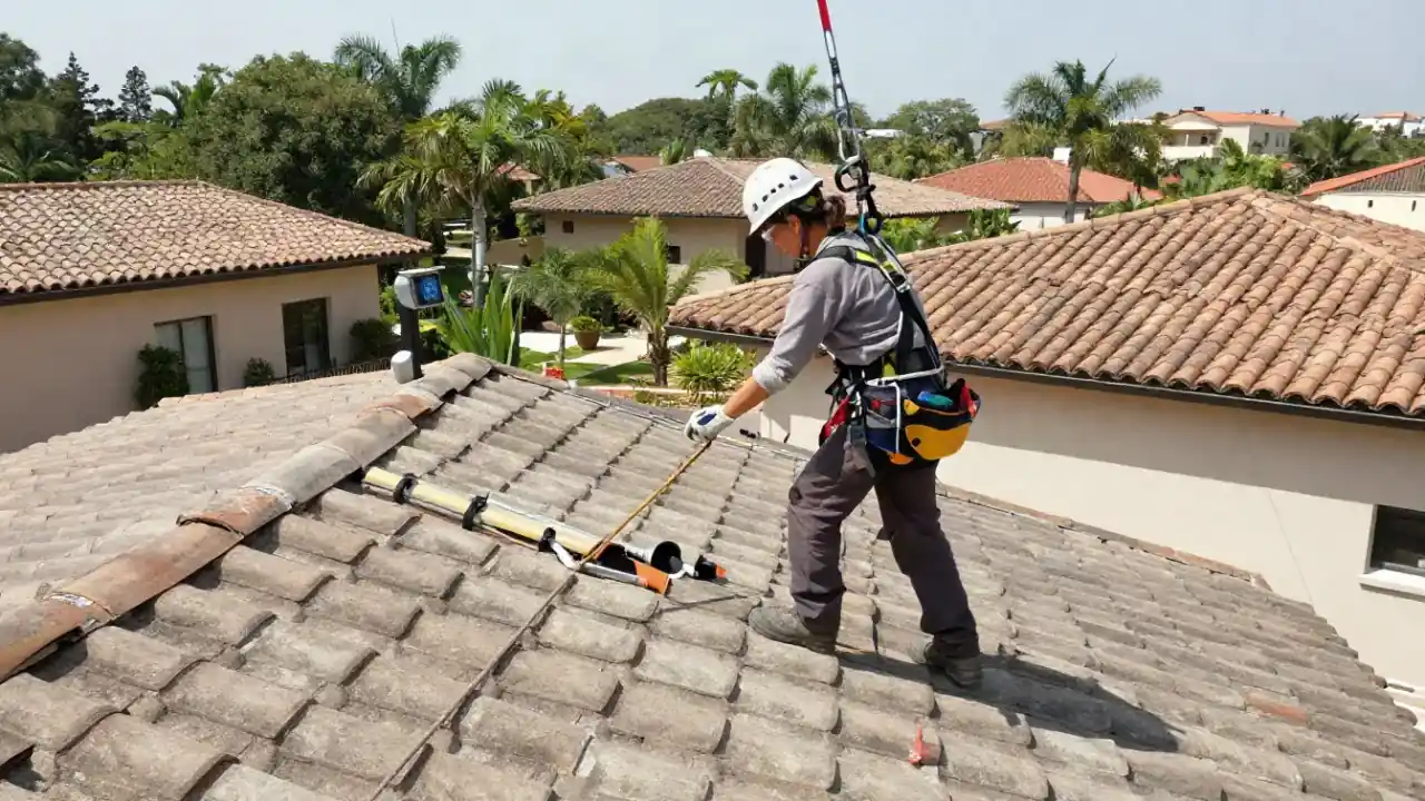 Tile Roof Repair in Delray Beach, Florida: tile roof repair technician wearing a safety harness, carefully walking across a